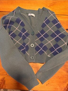 Hollister Teal & Navy Argyle Cropped V-Neck Cardigan